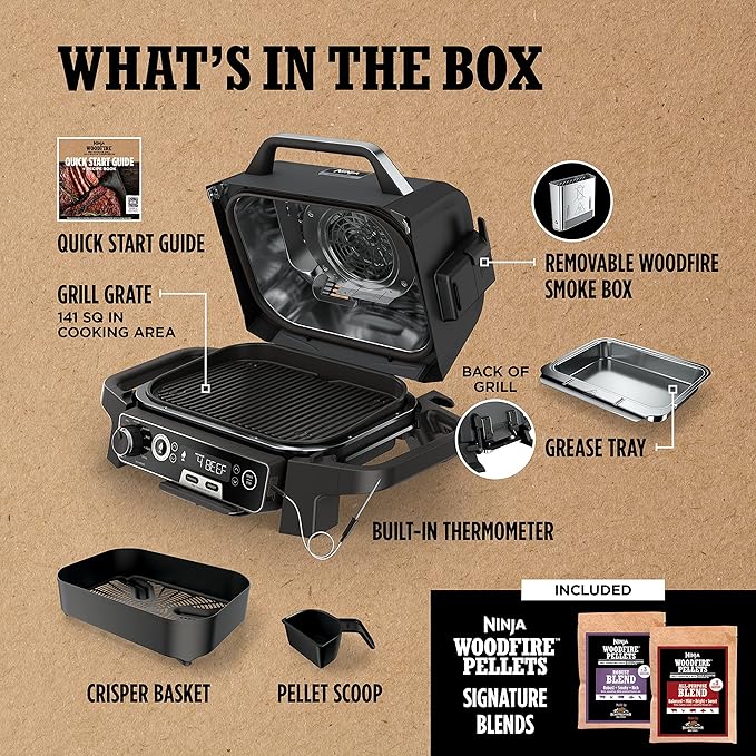 Ninja Woodfire Pro 7-in-1 Grill & Smoker with Thermometer, Air Fryer, BBQ, Bake, Roast, Broil - Portable Electric Outdoor Grill, Grey