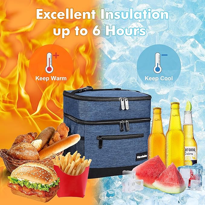 Tirrinia Large Insulated Lunch Bag for Men and Women, Adult Double-Layer Leakproof Reusable Grocery Bag, Office, Travel, Work Lunch Cooler Tote