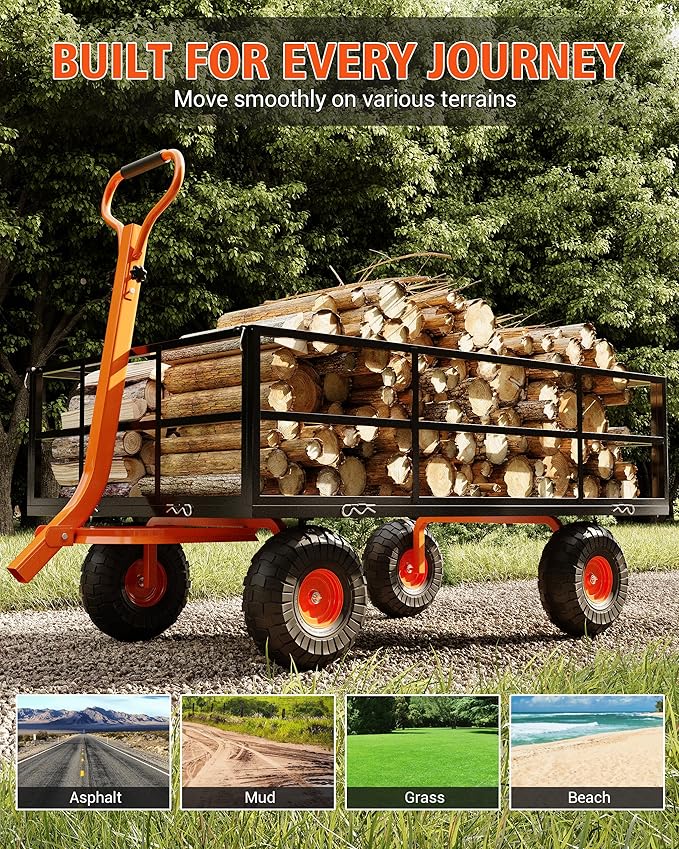 Heavy Duty 1200 Lbs Capacity Steel Garden Cart, Metal Utility Garden Carts and Wagons, with Removable Mesh Sides to Convert Into Flatbed, 2-In-1 Handle and 13" Tires