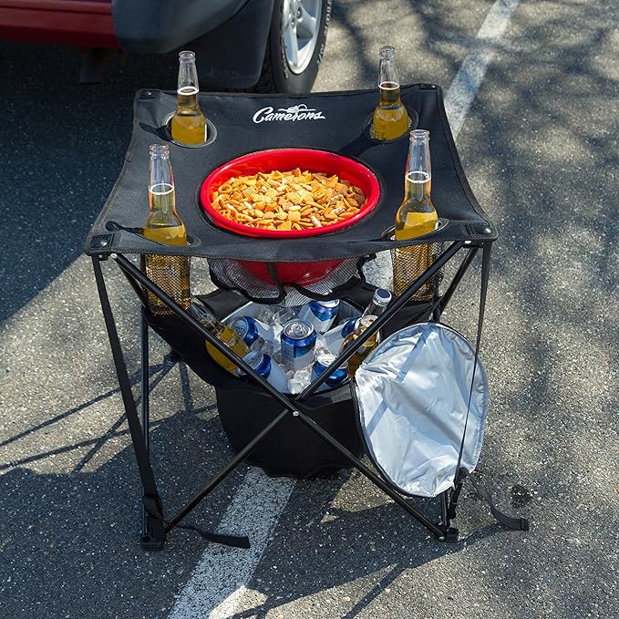 Camerons All-in-One Tailgating Table - Collapsible Folding Camping Table with Insulated Cooler, Mesh Food Basket & Travel Bag - Gift for Dad - Great for Summer BBQS, Camping, The Beach, Tailgate Party