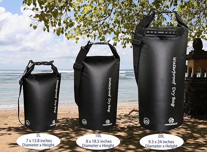 Waterproof Dry Bags Set Of 3 Dry Bag With 2 Zip Lock Seals & Detachable Shoulder Strap, Waist Pouch & Phone Case - Can Be Submerged Into Water - For Swimming (Black, 5L)