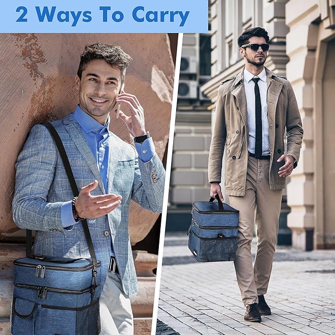 Tirrinia Large Insulated Lunch Box for Women Men, Double-Layer Leak-Proof Reusable Lunch Bag with 4 Pockets for Adult, Lunch Bag Cooler Tote for Office Work and Travel,Dark Blue