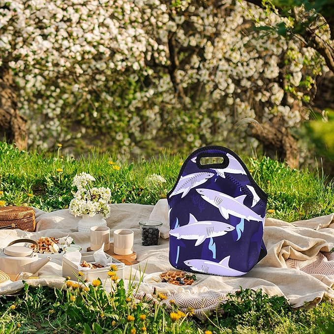 Violet Mist Blue Neoprene Lunch Bag Tote Shark Large Insulated Lunch Containers Waterproof Soft Thermal Lunch Box for Men Women Washable Cartoon Reusable Bento Bag for Adult Picnic Work Travel, Shark1