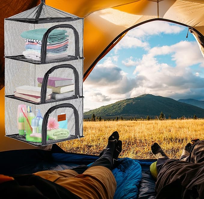 Wealers Outdoor Dry Net Storage and Food Screen 3-Tier Camping, Barbecue, Picnic Meal Protection Organizer | Faster Herb, Clothes, Dish Drying | Foldable (Hanging Dry Net)