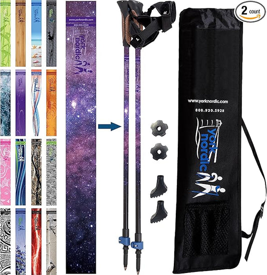 Official Nordic Walking Poles - True Classic Nordic Glove Grips, Lightweight, Adjustable, and Collapsible -2 Pieces w/flip Locks, Detachable Feet and Travel Bag by York Nordic - Heights 5'4"-6'2"