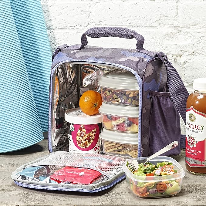 Fit & Fresh JAXX Meal Prep Lunch Box With Container For Men and Women, 5pc. Meal Prep Kit Lunch Bag With Containers Included, Camo Plum